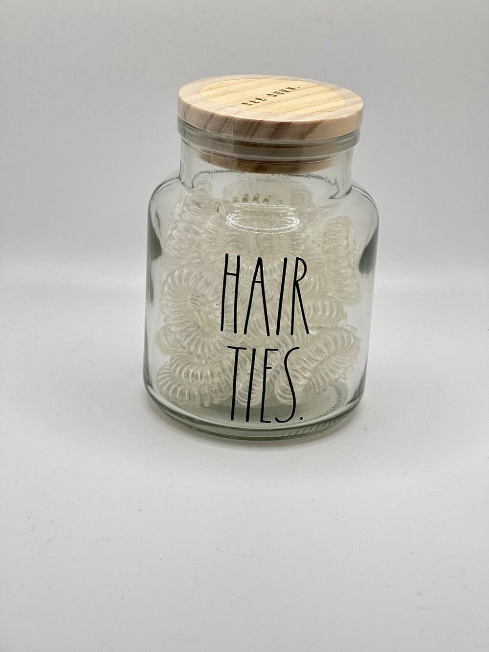 Glass Jar With Wooden Lid & Clear Spiral Hair Ties - Stylish & Functional Storag